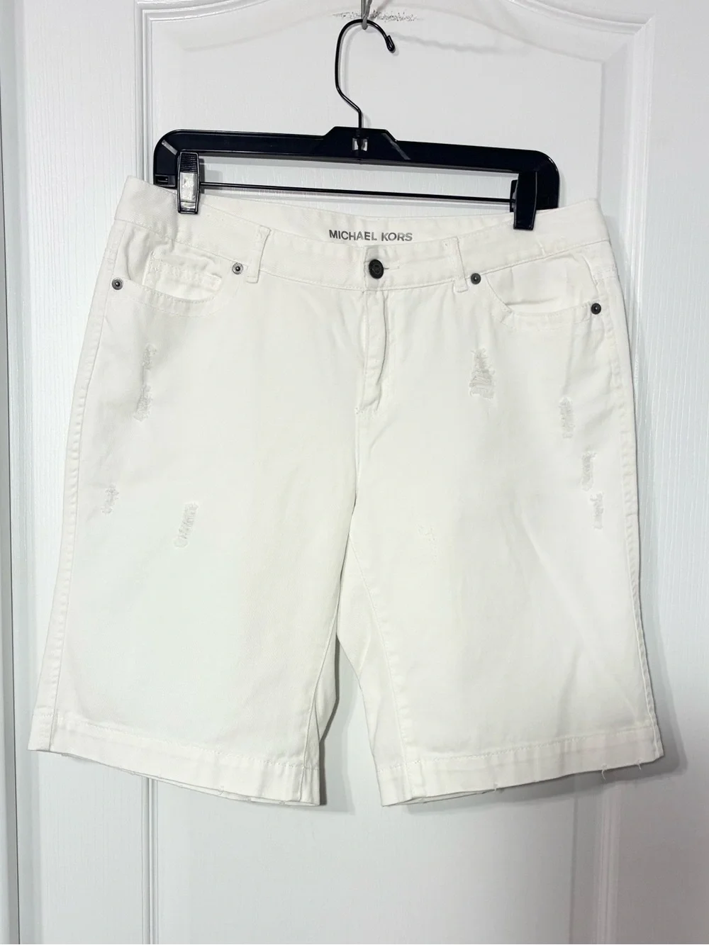 Michael Kors Distressed Denim Bermuda Shorts White Size 10